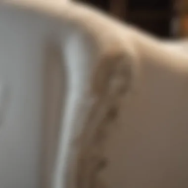 Close-up of Upholstery Detailing Close-up of the upholstery detailing on the Abbey Park Antique White Sleigh Bed.