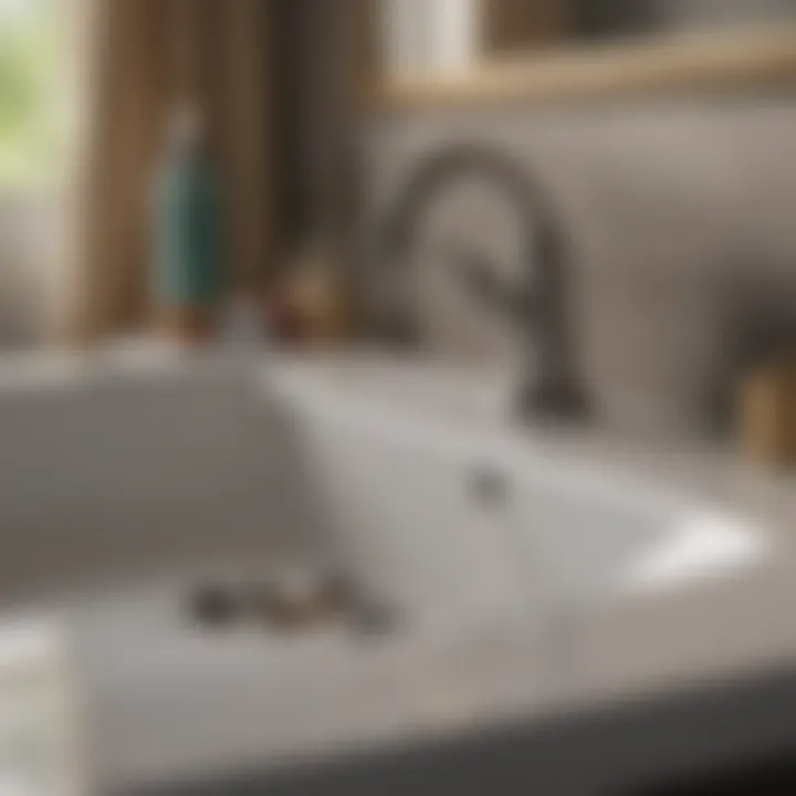 Tools needed for repairing a bathroom sink faucet laid out on a countertop