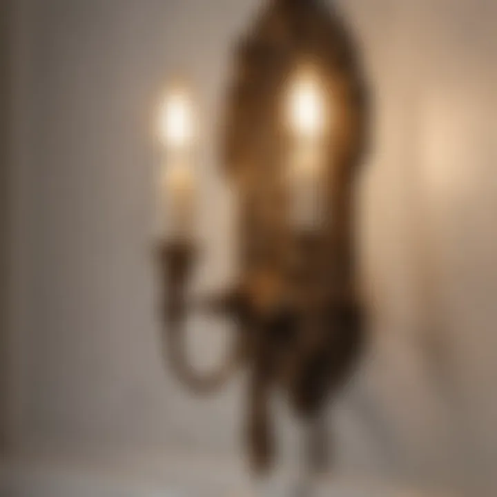 Ambient lighting created by antique brass sconces in a serene bathroom