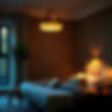Cozy Ambient Lighting Mood lighting created by arched floor lamp in a cozy bedroom