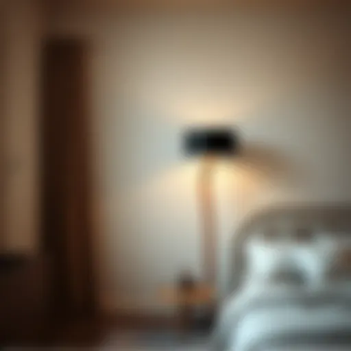 Elegant Arched Floor Lamp Elegant arched floor lamp enhancing bedroom decor