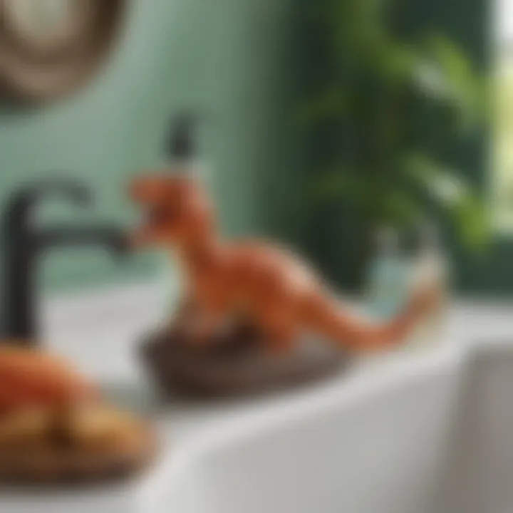 Creative arrangement of bath accessories including dinosaur soap holder