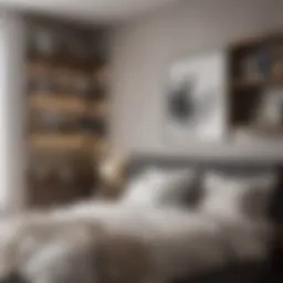 Stylish bedroom showcasing a headboard with shelves filled with books and decor