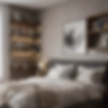 Stylish bedroom showcasing a headboard with shelves filled with books and decor