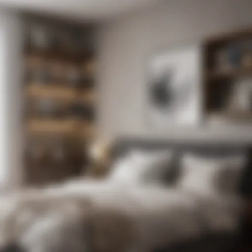 Stylish bedroom showcasing a headboard with shelves filled with books and decor