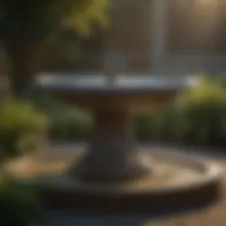 A beautifully designed bird bath fountain illuminated at dusk, showcasing its elegant curves and tranquil water flow.