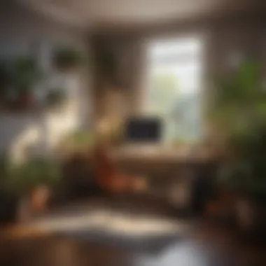Cozy Home Office Environment A cozy home office corner with plants and warm lighting enhancing the environment
