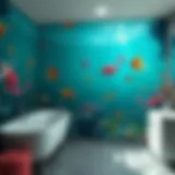 A vibrant underwater mural featuring mermaids and sea creatures in a bathroom setting