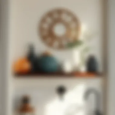 Aesthetic arrangement of decorative items above a bathroom shelf