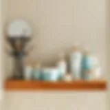 Elegant display of organized bathroom products on a wooden shelf