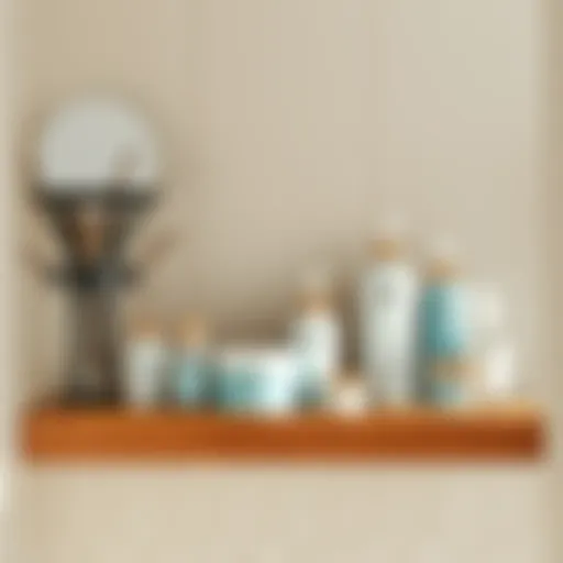 Showcase of Organized Bath Essentials Elegant display of organized bathroom products on a wooden shelf