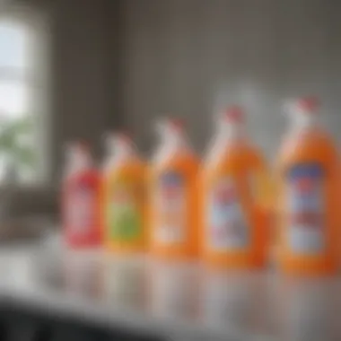 A close-up view of various disinfectants displayed on a laundry countertop.