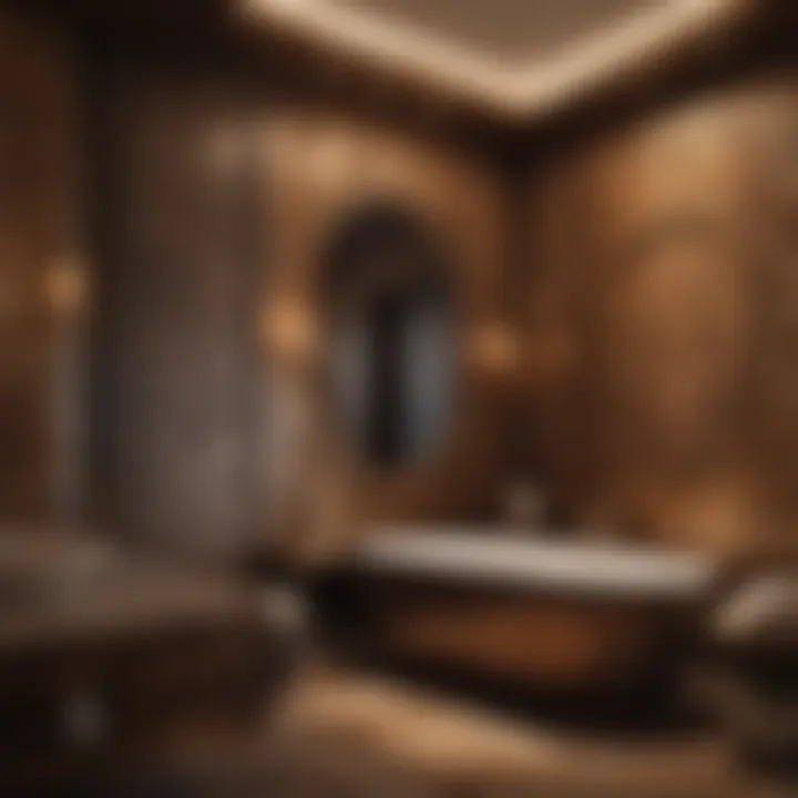 A luxurious brown bathroom with ambient lighting and rich textures