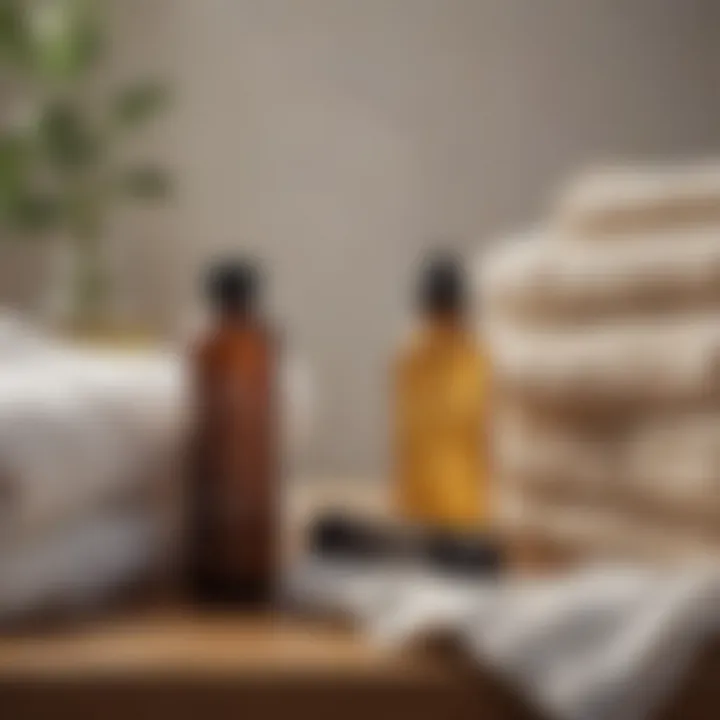 A bottle of essential oil beside a stack of freshly laundered towels