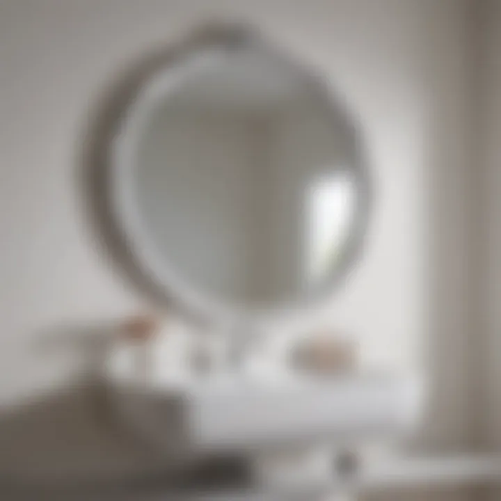 Close-up of a white bathroom wall mirror with maintenance tips