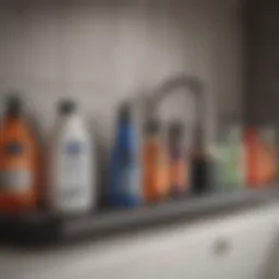Various types of bathroom drainage cleaners displayed on a shelf