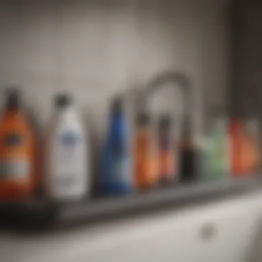 Various types of bathroom drainage cleaners displayed on a shelf