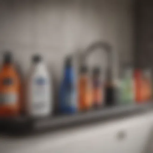 Various types of bathroom drainage cleaners displayed on a shelf