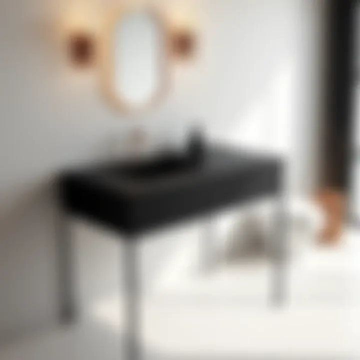 Black Laminate Vanity Black laminate vanity top integrated into a minimalist bathroom design