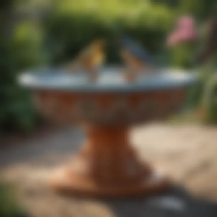 A whimsical ceramic bird bath featuring playful animal motifs, adding charm and character to a cozy backyard.