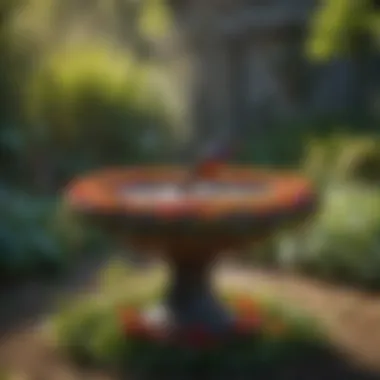 A vibrant bird bath adorned with intricate floral designs, showcasing a burst of color in a lush garden setting.