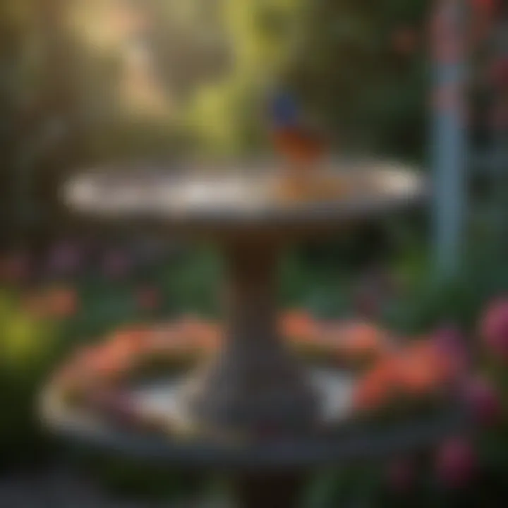 An elegantly placed bird bath surrounded by vibrant flowers, illustrating the perfect harmony of nature and art in outdoor design.
