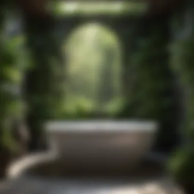 Elegant large garden bathtub surrounded by lush greenery