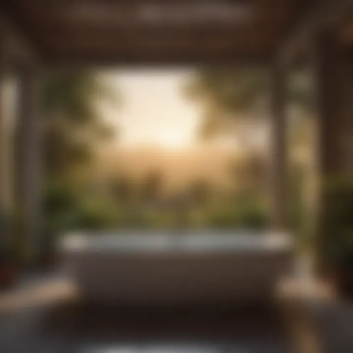 Tranquil atmosphere created by a large garden bathtub at sunset