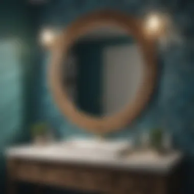 A beautifully decorated bathroom vanity complemented by mermaid tiles.