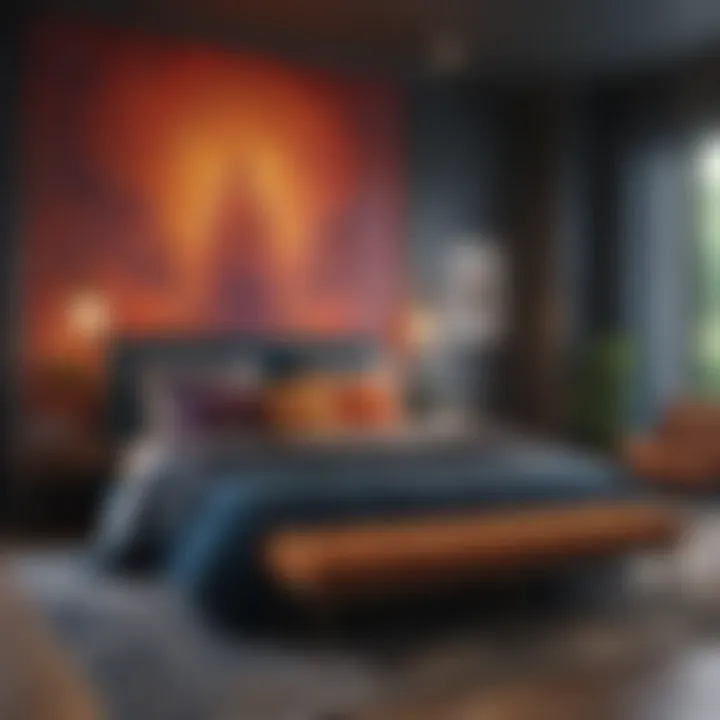 A vibrant bedroom featuring bold accent walls and contemporary decor