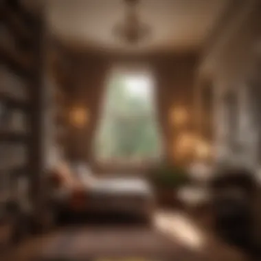 A cozy reading nook in a bedroom with earthy hues and warm lighting