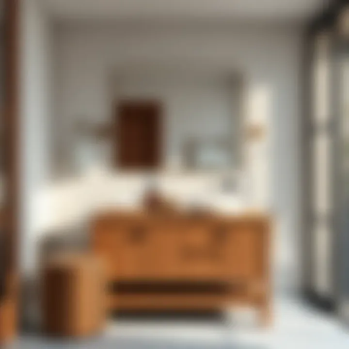 Stylish Bathroom Featuring Wood Vanity A stylish bathroom showcasing a wood vanity in a contemporary space