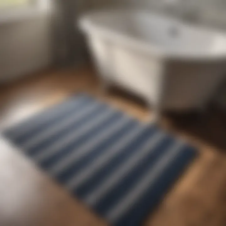 Maintenance tips for navy striped bath mats displayed visually