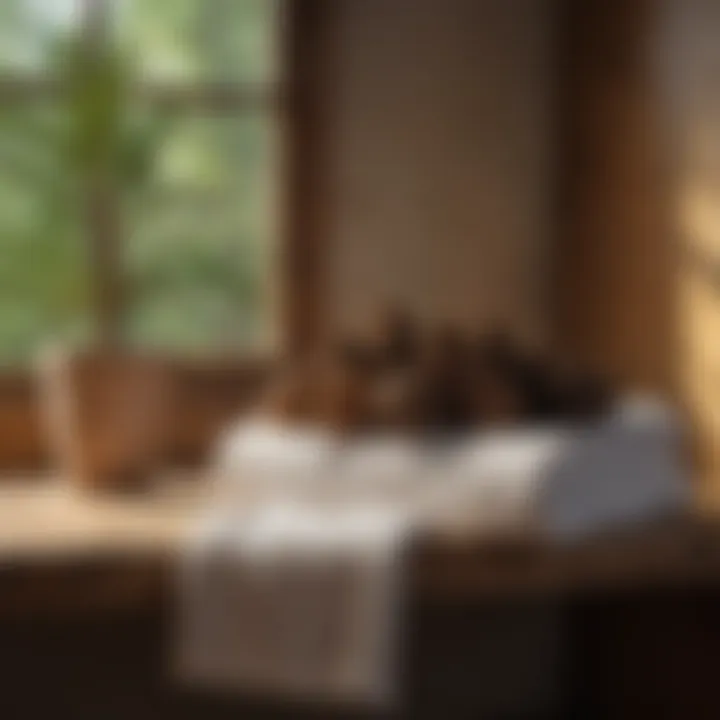 Pine cone bath towels displayed on a rustic shelf