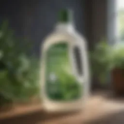Eco-friendly natural laundry detergent bottle with green plant background