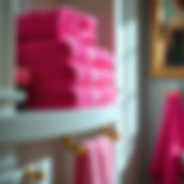 Stylish Arrangement of Hot Pink Towels Stylish hot pink towels neatly arranged on a bathroom shelf