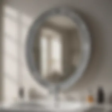 Close-up of chrome finish on an arched bathroom mirror