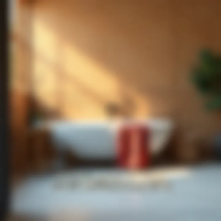 A serene bathroom scene featuring a pebbles bath rug set in various colors