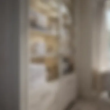 Close-up of glass doors on a bathroom cabinet displaying decorative items and towels