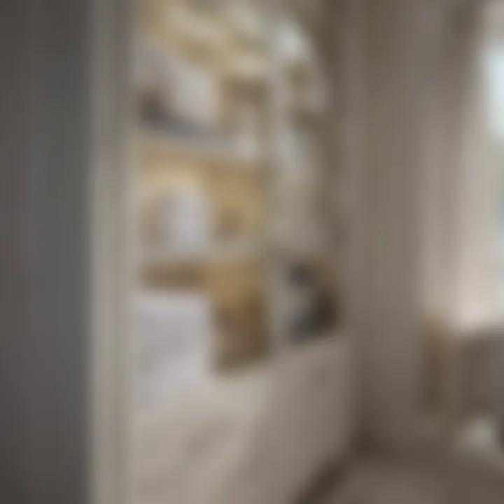 Close-up of glass doors on a bathroom cabinet displaying decorative items and towels