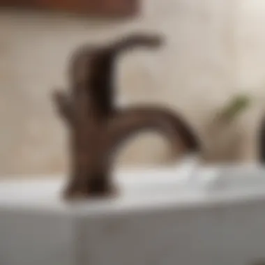 Close-up view of the intricate design features of an oil rubbed bronze faucet