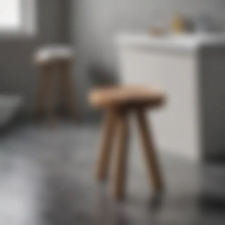 Wooden stool used as a decorative piece in a modern bathroom