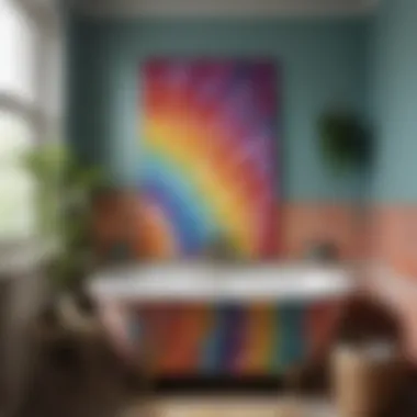 Close-up of the soothing colors in a tie dye bathroom setup.