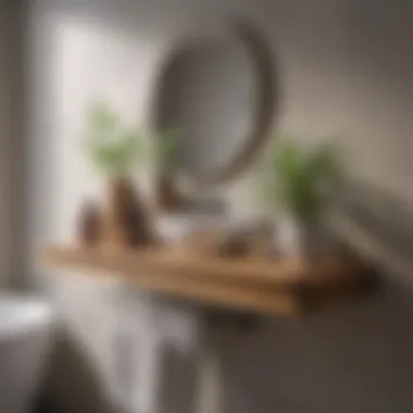 Stylish wood wall shelf unit displaying bath essentials and plants.