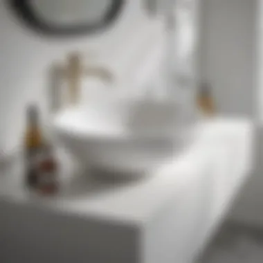 Elegant Fixtures on White Solid Surface Countertop A pristine white solid surface bathroom countertop with elegant fixtures