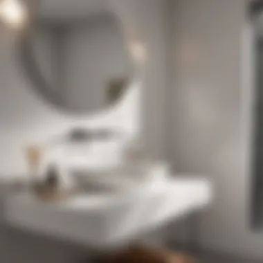 Stylish Bathroom with Modern Decor A stylish bathroom featuring a white solid surface countertop paired with modern decor