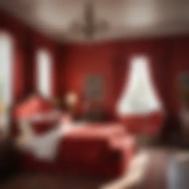 Color coordinated bedroom featuring red valance and furnishings