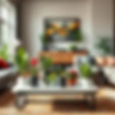 Diverse Pet-Friendly Plants in Living Space A variety of colorful non-toxic plants arranged aesthetically on a coffee table, creating a cozy vibe.