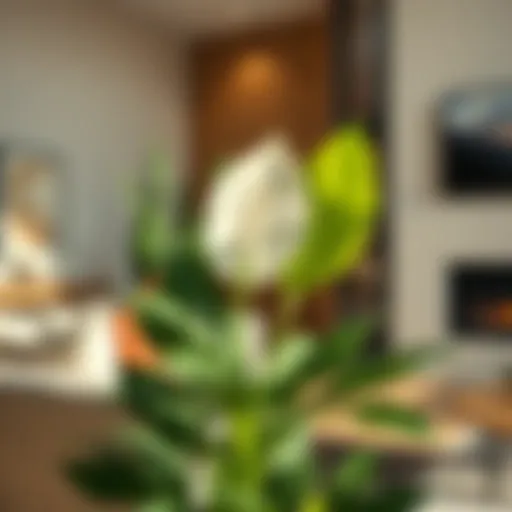 A lush peace lily thriving in a stylish living room, showcasing its beautiful white blooms.