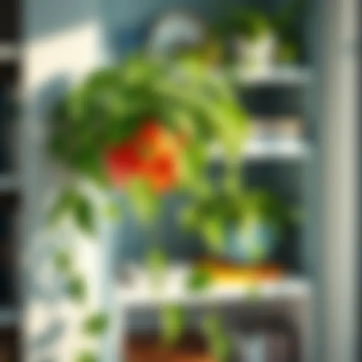 Pothos Plant Enhancing Home Decor A cheerful pothos plant cascading from a bookshelf, adding a touch of greenery to the space.